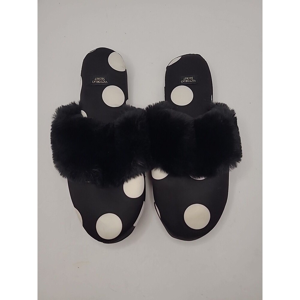 Victorias Secret Slippers Shoes  Size 5/6 Satin Faux Fur Trim Polka Dot